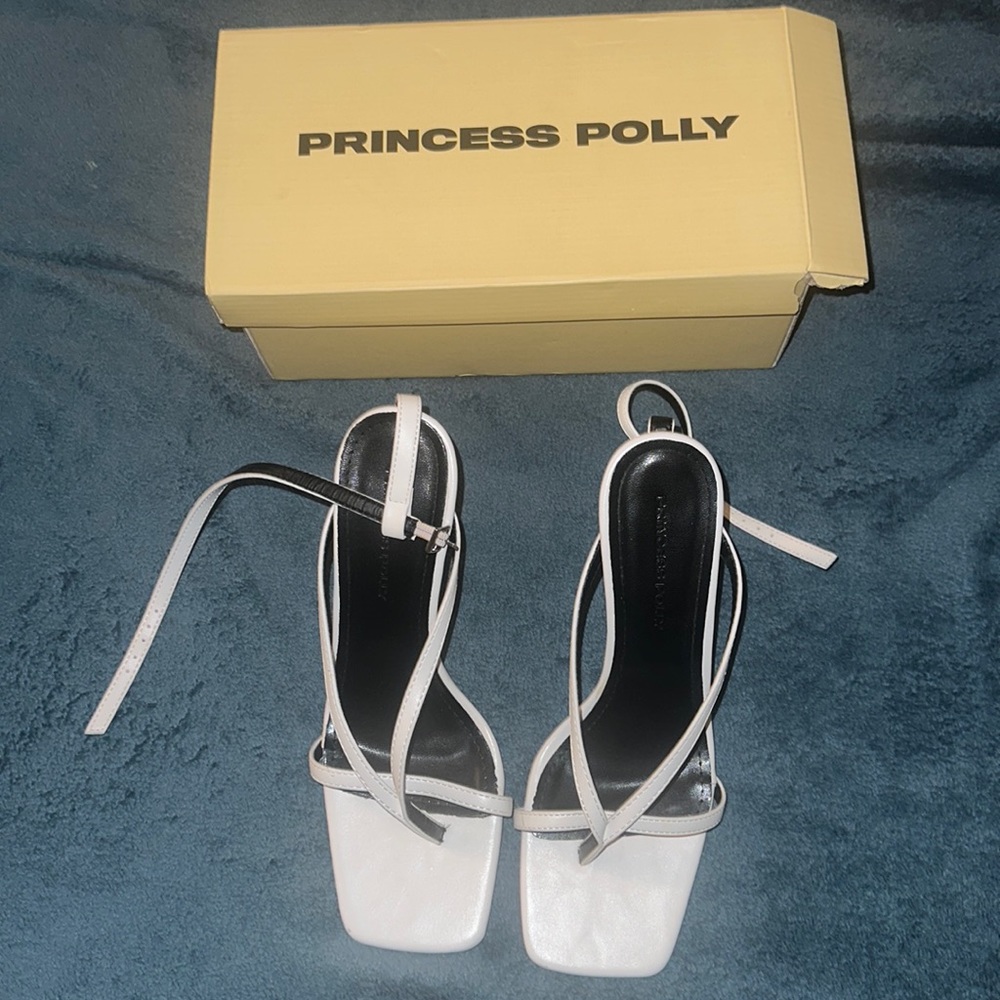 Princess Polly, size 8, white ankle strap kitten heel.